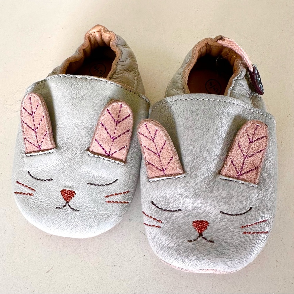 Moulin Roty Silver and Pink Bunny Soft Leather Baby Slip-Ons
